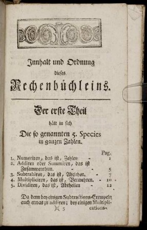 Innhalt und Ordnung dieses Rechenbüchleins.