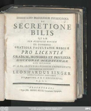 Dissertatio Inauguralis Physiologica De Secretione Bilis