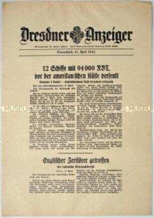 Nachrichtenblatt "Dresdner Anzeiger" mit Meldungen des OKW und des italienischen Hauptquartiers von verschiedenen Fronten