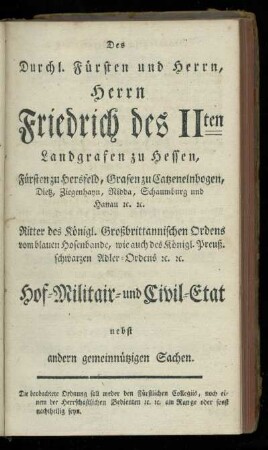 Hof- Militair- und Civil-Etat nebst andern gemeinnuetzigen Sachen