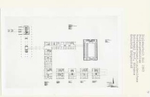 Polizeipräsidium, Berlin-Moabit (Diplomarbeit bei Bernhard Hermkes): Hochhaus, KTU, Polizeigewahrsam, Grundrisse 1. Obergeschoss und Normalgeschoss 1:200