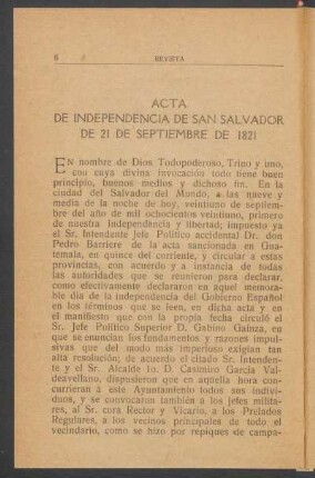Acta de Independencia de San Salvador de 21 de septiembre de 1821.