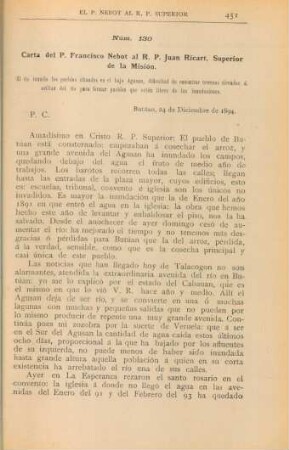 Núm. 130. Carta del P. Francisco Nebot al R. P. Juan Ricart, Superior de la Misión