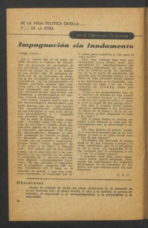 Impugnación sin fundamento : De la vieja política criolla y... de la otra
