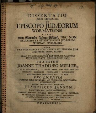 Diss. iur. germ. de episcopo Iudaeorum Wormatiensi