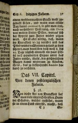 Das VII. Capitel. Von denen pestilenzialischen Fiebern. - Das VIII. Capitel. Von der Schwindsucht.