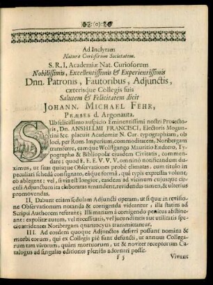 Ad Inclytam Naturae Curiosorum Societatem.