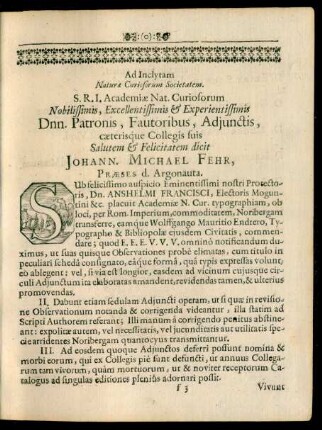 Ad Inclytam Naturae Curiosorum Societatem.