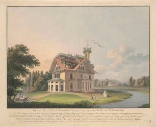 Landhaus und Garten des russischen Fürsten Nikolaus Abramowitsch Putjatin (1749-1830) in Kleinzschachwitz bei Dresden (Baujahr 1798, heute Putjatinstraße 26), Ansicht von Nordosten, rechts der Lockwitzbach
