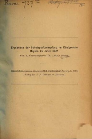 Ergebnisse der Schutzpockenimpfung im Königreiche Bayern für das Jahr.... 1892 (1893)