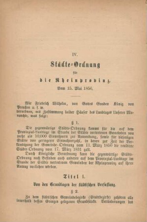 IV. Städte-Ordnung für die Rheinprovinz
