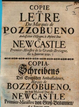 Copie de la lettre ... à Mylord Duc de Newcastle ...