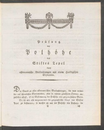 Prüfung der Polhöhe des Stiftes Tepel durch astronomische Beobachtungen mit einem Hadleyschen Sextanten