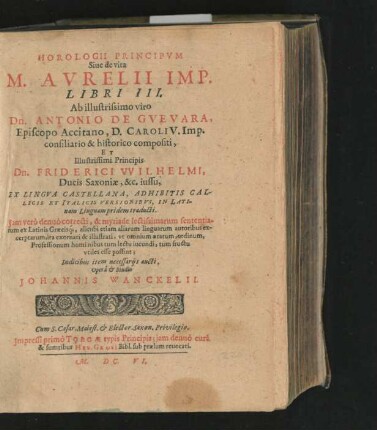 Horologii Principum Sive de vita M. Aurelii Imp. Libri III.
