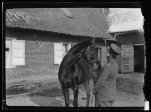 Oberleutnant Knorr mit Pferd Fanny im Hof des Quartiers von Oberleutnant Knorr in Bachy (Dep. Nord, Frankreich)