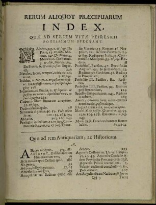 Rerum Aliquot Praecipuarum Index, Quae Ad Seriem Vitae Peireskii Potissimum Spectant