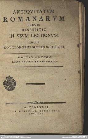 Antiqvitatvm Romanarvm Brevis Descriptio In Vsvm Lectionvm