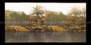 Fischerhütten an der Lagune mit Palmen und zwei Kindern auf einem Boot, Tampico