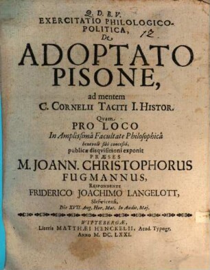 Exercitatio philol. pol. de adoptato Pisone, ad mentem C. Cornelii Taciti I. Histor.