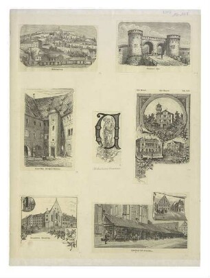 Sammelblatt mit 7 Gebäuden von Ulm. Um 1880. (Drucke aus einem Buch)