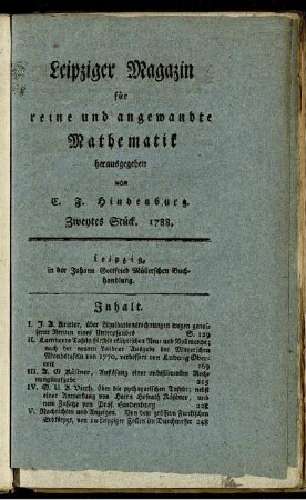 Leipziger Magazin für reine und angewandte Mathematik. Zweytes Stück. 1788.