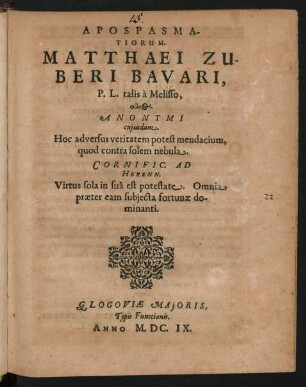 Apospasmatiorum. Matthaei Zuberi Bavari, P.L. talis a Melisso, thōkos