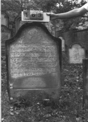 Grabstein 163 (Index: 99609799) Material: Sandstein Zustand: stark verwittert, weitgehender Textverlust Beschreibung: Stele, Konvexbogenabschluß, Schriftfeld eingetieft Besonderheit: ergänzt nach Gräberliste: Grabstein 163