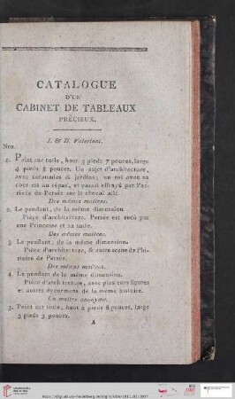 Catalogue d'un Cabinet de Tableaux prècieux (Nr. 1 - 551)