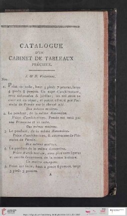 Catalogue d'un Cabinet de Tableaux prècieux (Nr. 1 - 551)