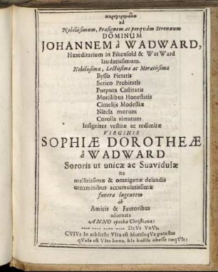 Parēgorēmata ad Nobilissimum, Praesignem ac perquam Strenuum Dominum Johannem a Wadward ...