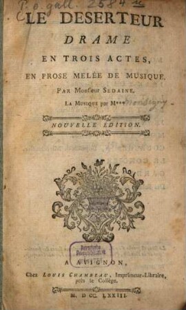 Le deserteur : drame en 3 actes, en prose melée de musique
