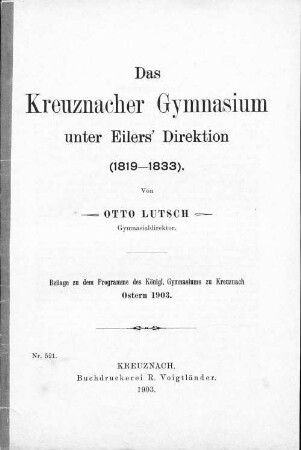 Das Kreuznacher Gymnasium unter Eilers' Direktion : (1819 - 1833)