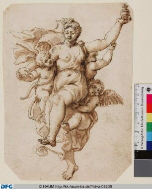 Weibliche Figur, von Engeln getragen, ein Gefäß in der linken Hand