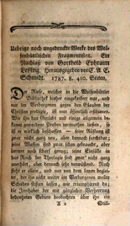 Allgemeine Bibliothek der biblischen Litteratur. 1,1/2. 1787