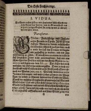 Die Erste Leichenpredigt / I. Vidua / Parasceve / Textus / Exordium / Tractatio / Beschluss