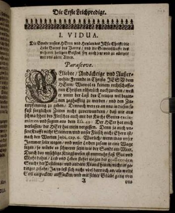 Die Erste Leichenpredigt / I. Vidua / Parasceve / Textus / Exordium / Tractatio / Beschluss