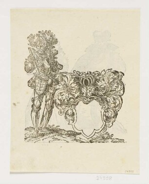 Ritter in ganzer Figur mit leerem Wappen, aus: "Insignia sacrae Caesareae Maiestatis", Frankfurt 1579, S. 186 verso