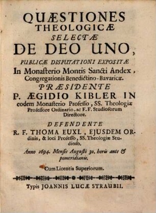 Quaestiones theologicae selectae de Deo uno
