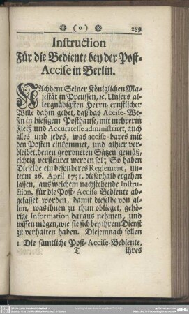 Instruction Für die Bediente bey der Post-Accise in Berlin