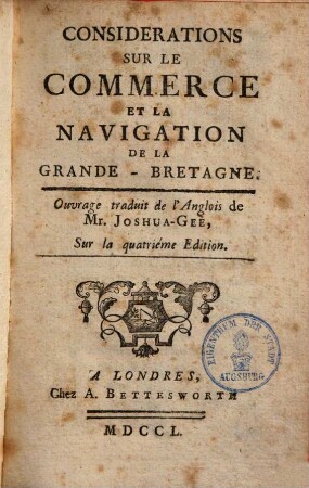 Considerations sur le commerce & la navigation de la Grande-Bretagne