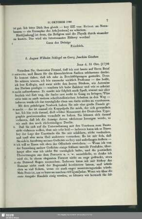 August Wilhelm von Schlegel an Georg Joachim Göschen, Jena, 31.10.1798