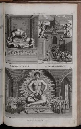 Planche XLVII. : N. 1. La Pagode du Taureau ; N. 2. La Pagode de Daybot ; N. 3. Daybot Divinité Japonoise
