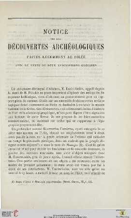 N.S. 14.1866: Notice sur les découvertes archéologiques faites récemment au Pirée : avec le texte de deux inscriptions grecques