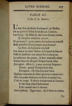Fable XI. L`Ane & ses Maitres. - Fable XXI. La jeune Veuve.