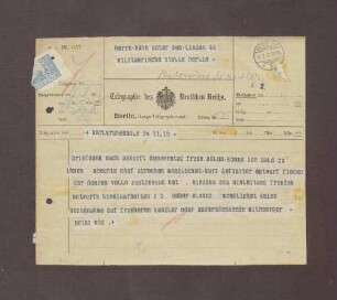 Telegramm von Prinz Max von Baden an Kurt Hahn bzgl. des Interviews und einer Reise nach Berlin