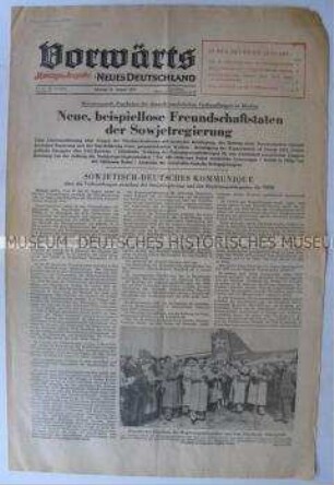 Wochenzeitung "Vorwärts" als Montags-Ausgabe des "ND" zu Verhandlungen zwischen den Regierungen der UdSSR und der DDR in Moskau
