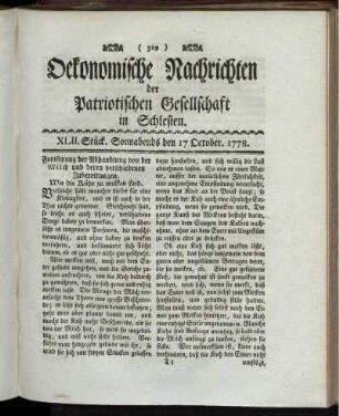 XLII. Stück. Sonnabends den 17 October. 1778.