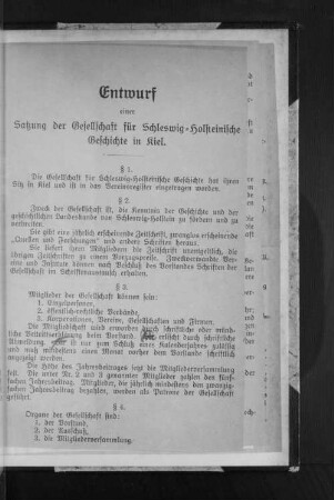 Entwurf einer Satzung der Gesellschaft für Schleswig=Holsteinische Geschichte in Kiel.
