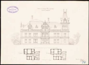 Schloss Kaminietz Erweiterung: Grundrisse Erdgeschoss, 1. Obergeschoss, Aufriss Hauptansicht, Maßstabsleiste