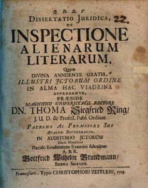 Diss. iur. de inspectione alienarum literarum